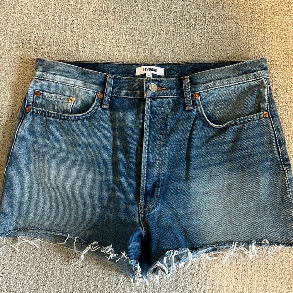 Re/Done Blue Frayed Hem Denim Cutoff Shorts